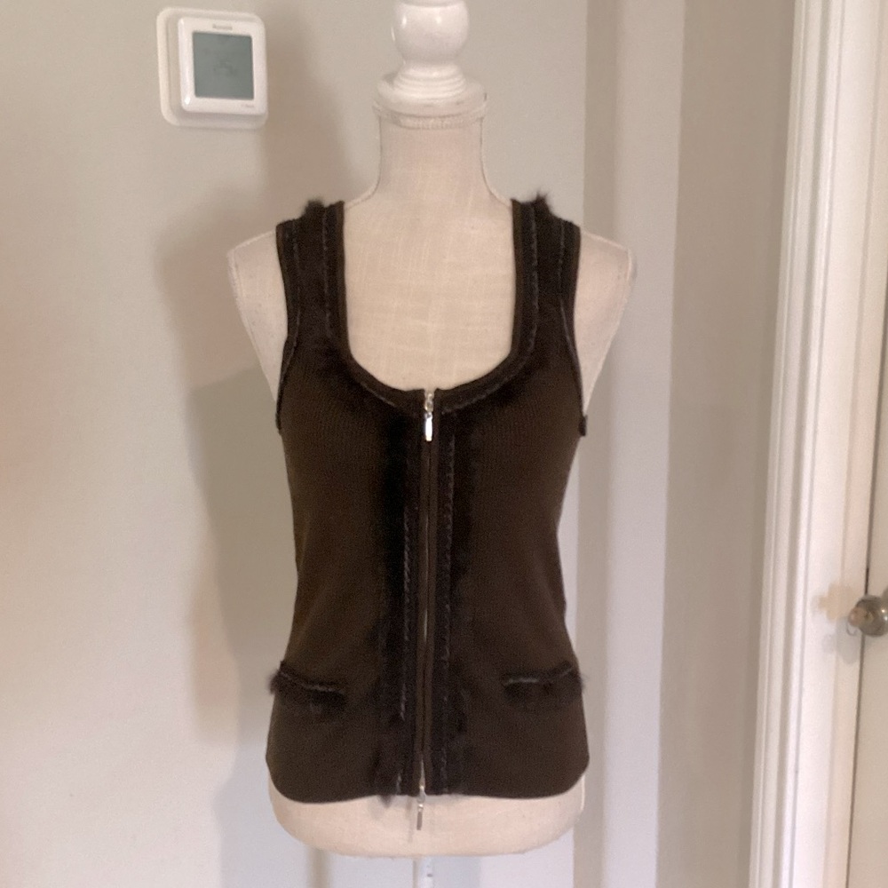 Brown Zip-Up Silk Top with Real Fur Trim
